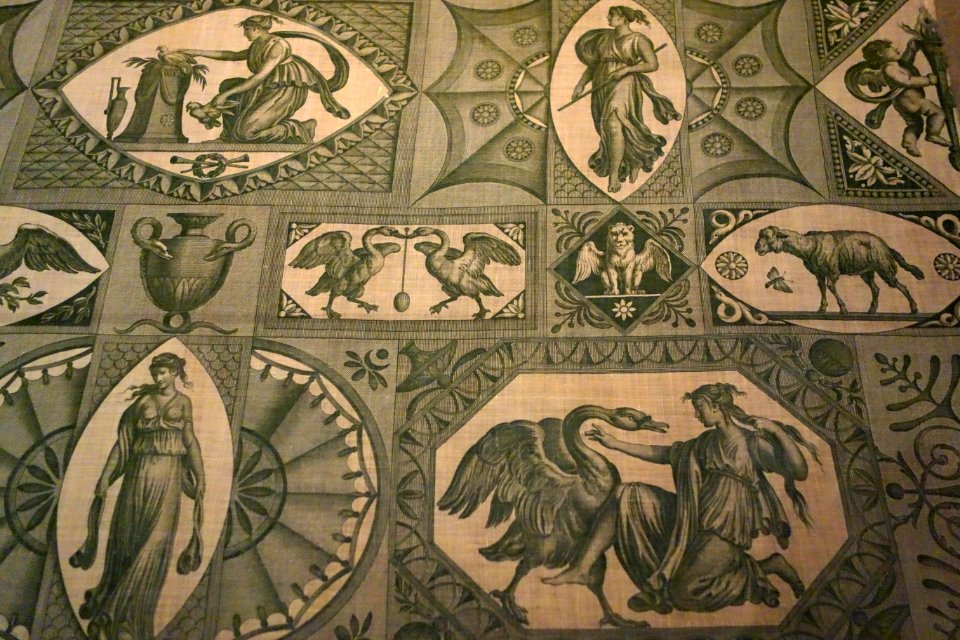 The Lion in Love or Leda, view 3, designed by Jean-Baptiste Huet, for Oberkampf, Jouy-en-Josas, France, c. 1809, roller-printed cotton tabby - Royal Ontario Museum - DSC04325