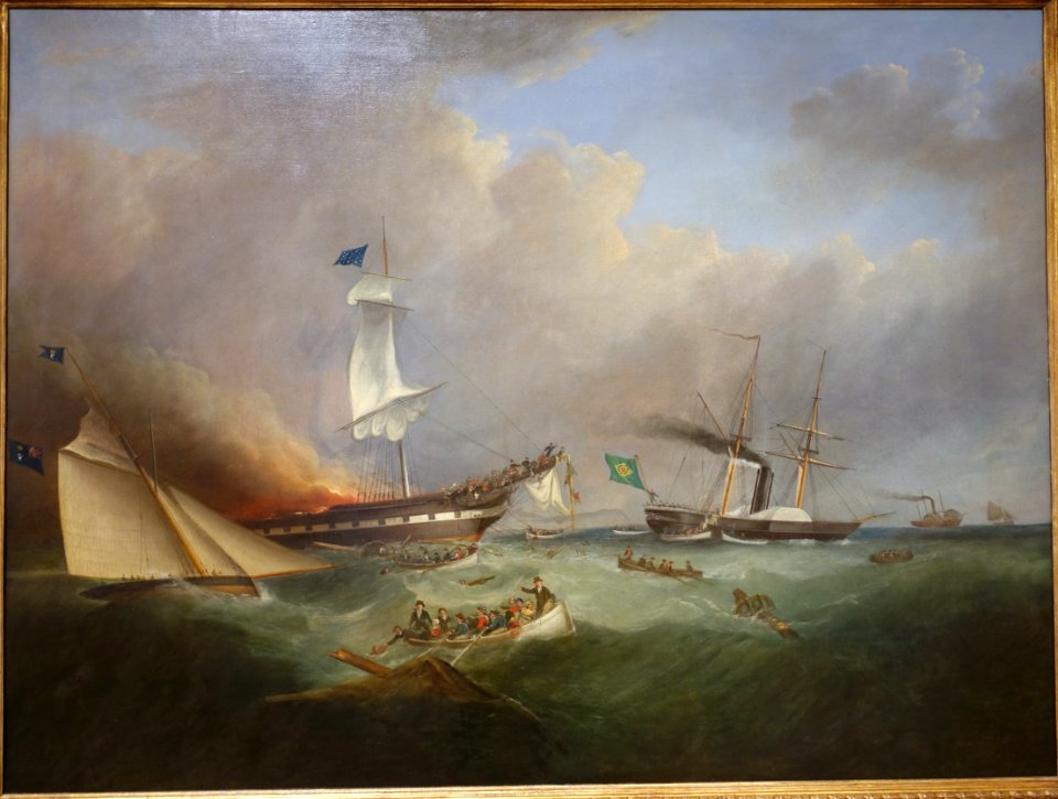 The North Atlantic Packet Ship Ocean Monarch, Sinking off the Coast of Wales, May 24, 1848, by Samuel Walters, c. 1848, oil on canvas - Peabody Essex Museum - DSC07211
