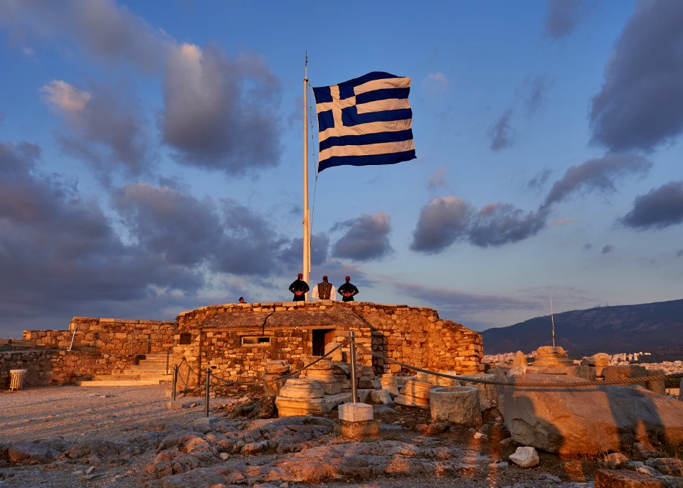 The Hellenic flag on the Acropolis on September 13, 2020