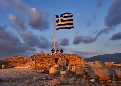 The Hellenic flag on the Acropolis on September 13, 2020
