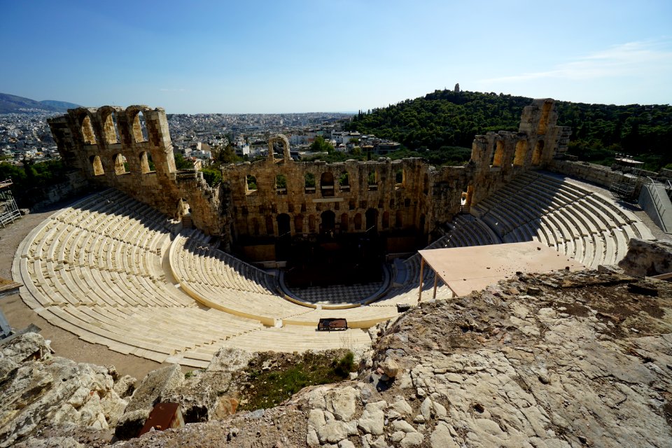 The Odeon of Herodes Atticus in Athens. In the distance Philopappos Hill