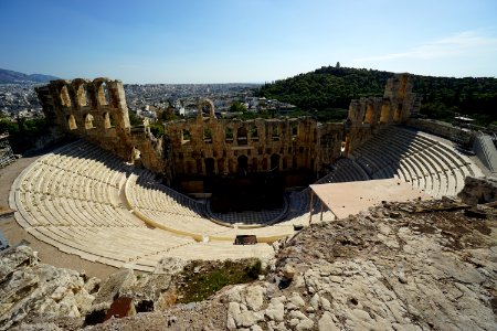 The Odeon of Herodes Atticus in Athens. In the distance Philopappos Hill