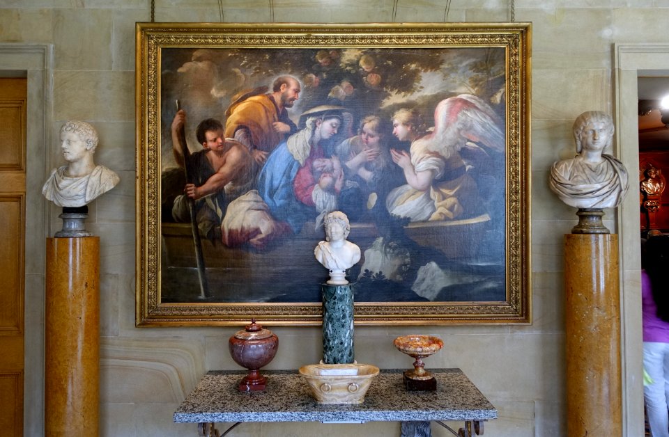 The Flight into Egypt, attributed to Luca Giordano, with busts, urn, and tazza - Chapel Corridor, Chatsworth House - Derbyshire, England - DSC03019