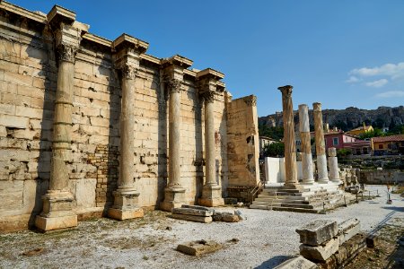 The facade of the Library of Hadrian on July 4, 2020