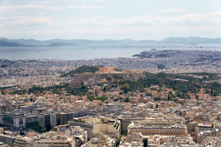 The Acropolis of Athens and the Saronic Gulf from Mount Lycabettus on June 13, 2020 photo
