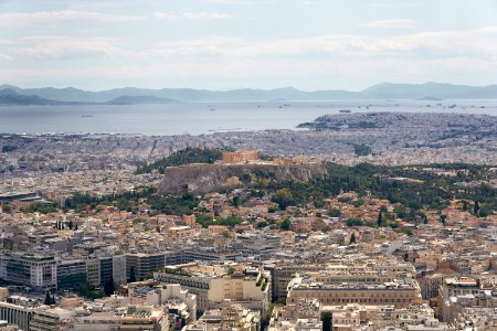 The Acropolis of Athens and the Saronic Gulf from Mount Lycabettus on June 13, 2020
