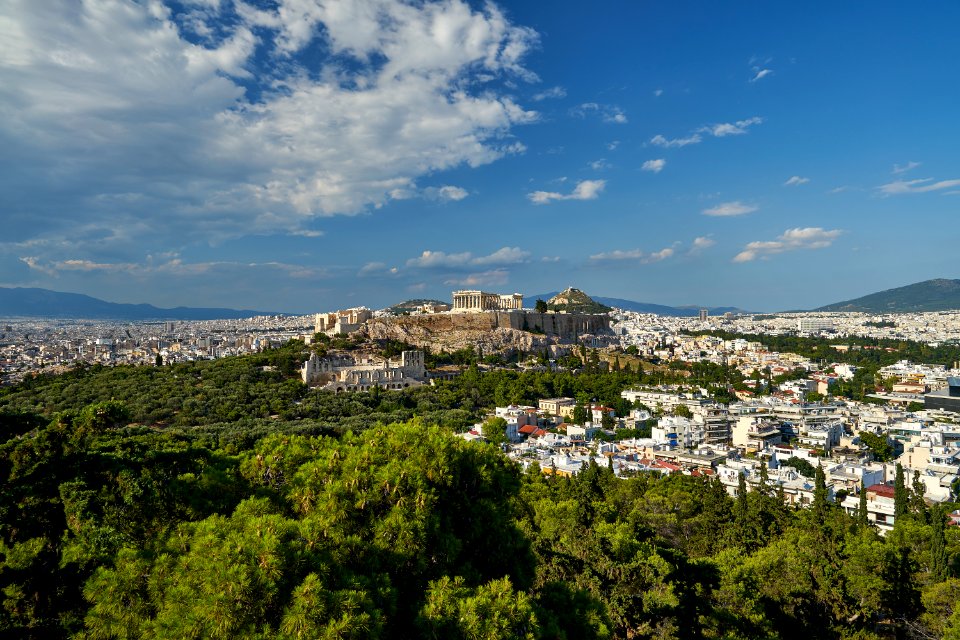 The Acropolis of Athens from Philopappos Hill on June 23, 2020