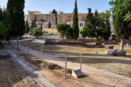 The Acropolis of Athens from Dionisiou Areopagitou Pedestrian Street on June 20, 2020