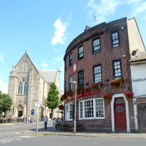 The Admiral pub and St Joseph's Church, Elm Grove, Brighton (July 2019)