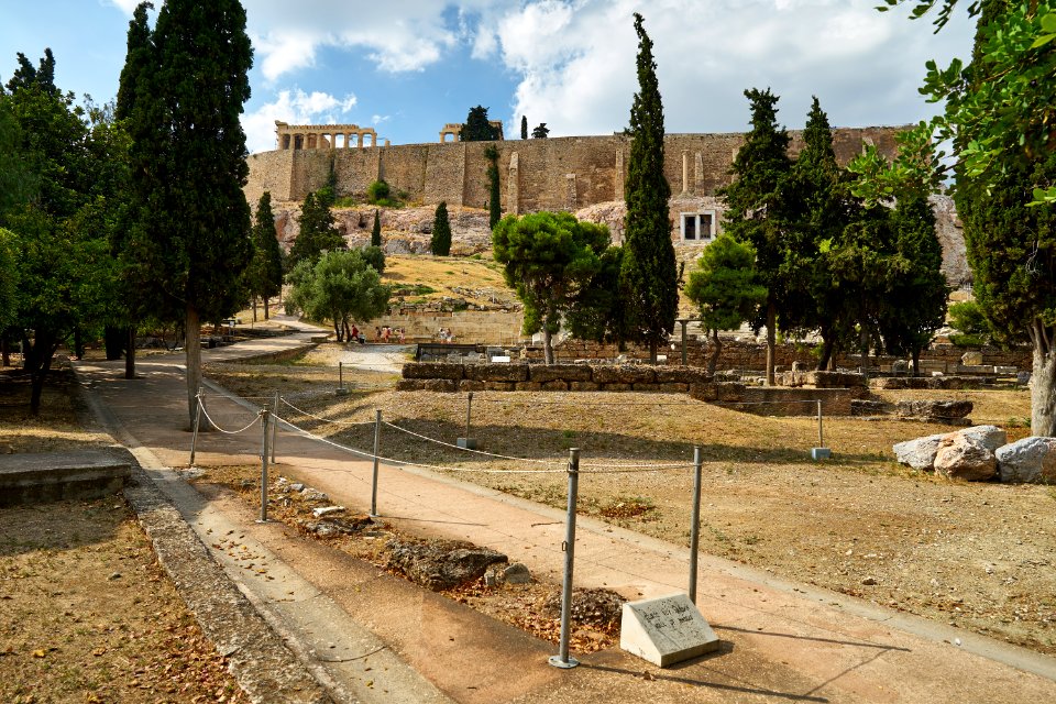 The Acropolis of Athens from Dionisiou Areopagitou Pedestrian Street on July 6, 2020