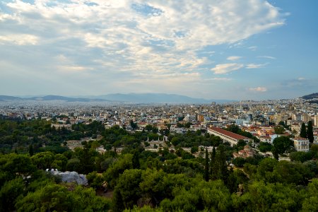 The Ancient Agora of Athens from the Areopagus on July 5, 2020 photo