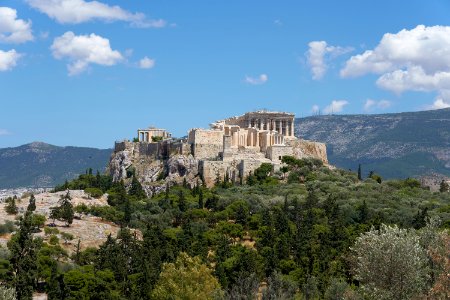 The Acropolis of Athens and the Areopagus from the Pnyx on June 17, 2020