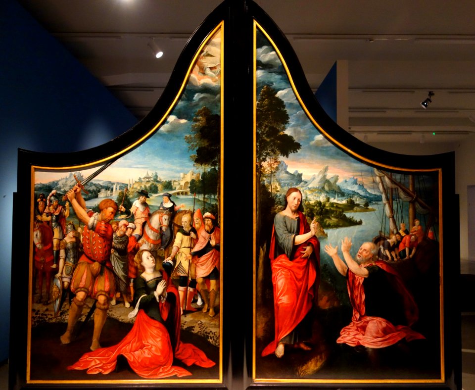 The Beheading of Saint Catherine of Alexandria (left) and the Miraculous Catch (right), by the Master of Sint-Nicolaastriptiek, first half of the 16th century, view 1 - Museum M - Leuven, Belgium - DSC05074
