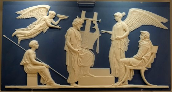 The Apotheosis of Homer, John Flaxman, 1779-1780, solid pale blue jasper, white reliefs - Wedgwood Museum - Barlaston, Stoke-on-Trent, England - DSC09687