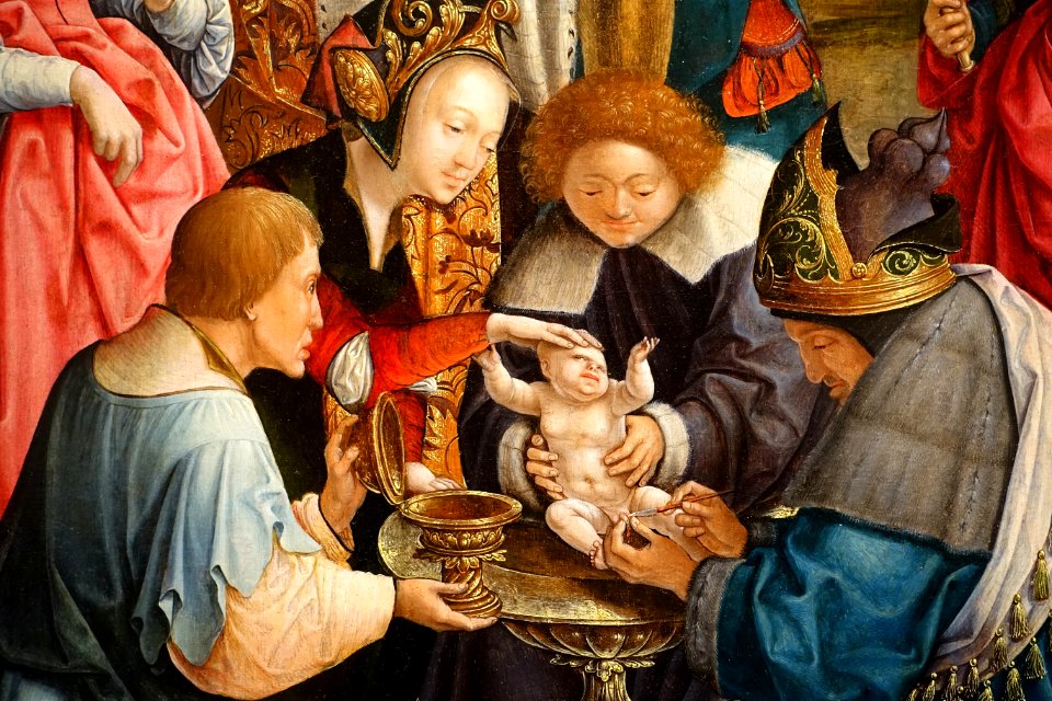 The Circumcision of Christ, by Jacob Cornelisz Van Oostsanen, detail, 1517, oil paint and fabric mounted on wood panel - Portland Art Museum - Portland, Oregon - DSC08942