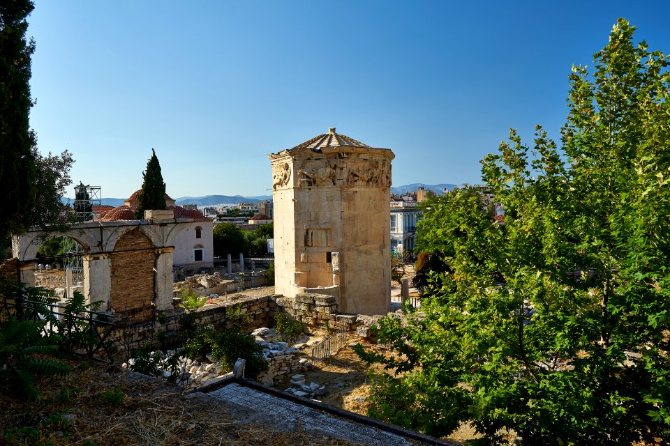 The backside of the Clocktower of Andronicus Cyrrhestes on July 15, 2020
