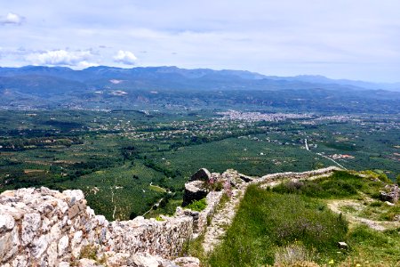 The battlements of the Castle of Mystras. In the distance Sparta and Mount Parnon
