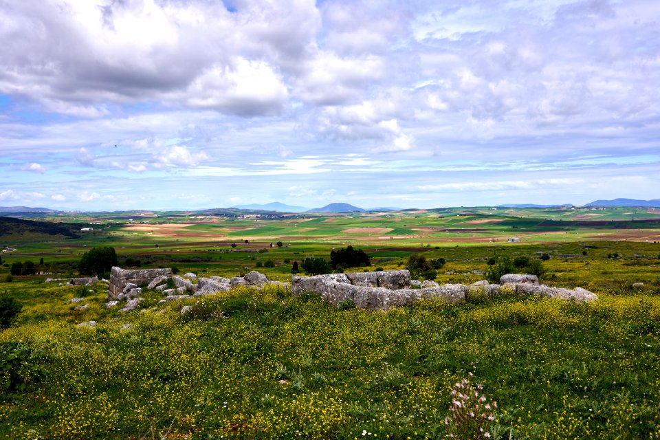The battlefield of Plataea and the remains of the fortification wall of the city on April 10, 2019