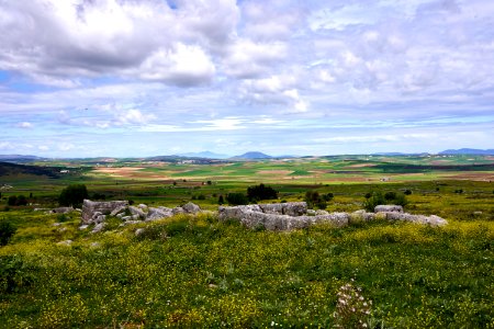 The battlefield of Plataea and the remains of the fortification wall of the city on April 10, 2019