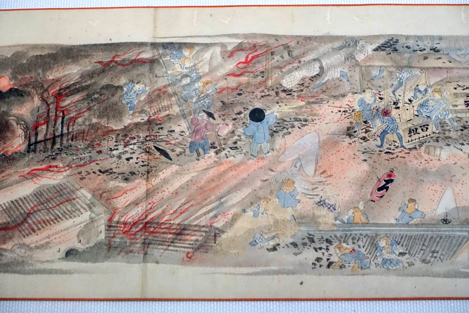 The Big Fire of 1772, picture scroll from 1869, 2 of 3 - Edo-Tokyo Museum - Sumida, Tokyo, Japan - DSC06684