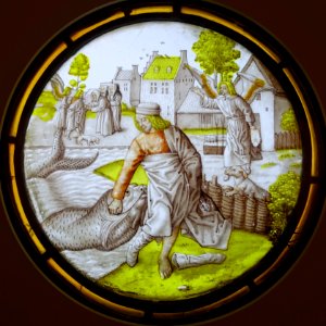 Three Rounels from the Life of Tobias, 2. Tobias defeats the Fish, Southern Netherlands, c. 1500, stained glass - Museum Schnütgen - Cologne, Germany - DSC09856