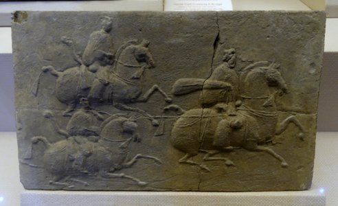 Three officials riding on horses, China, unearthed at Taiping, Pengzhou City, Eastern Han dynasty, 25-220 AD, tomb tile - Sichuan Provincial Museum - Chengdu, China - DSC04815