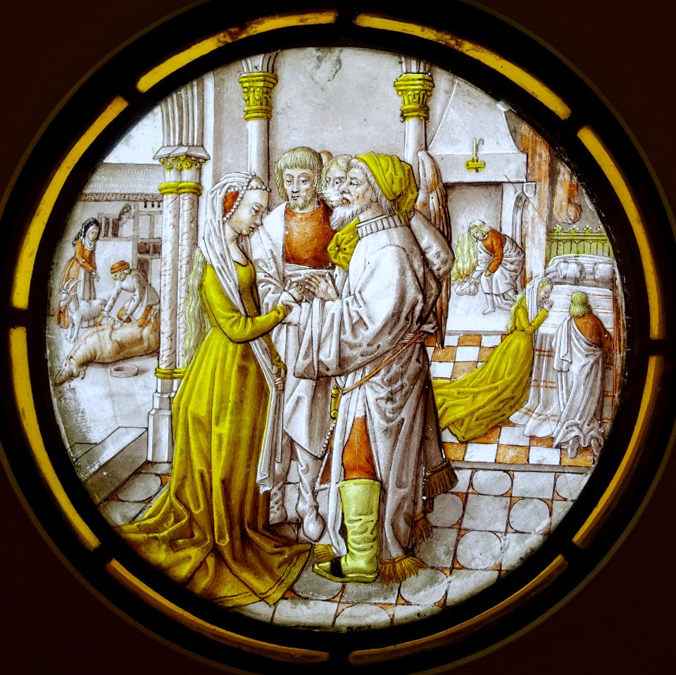 Three Rounels from the Life of Tobias, 3. The marriage of Tobias and Sara, Southern Netherlands, c. 1500, stained glass - Museum Schnütgen - Cologne, Germany - DSC09858