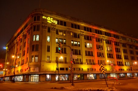 The Bay in downtown Winnipeg, seen at night