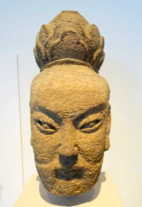Three Pure Ones, Daoist deities, 1 of 3, China, Shanxi province, cave temples at Haotianguan, Yuan dynasty, c. 1295 AD, sandstone with traces of pigments - Östasiatiska museet, Stockholm - DSC09291