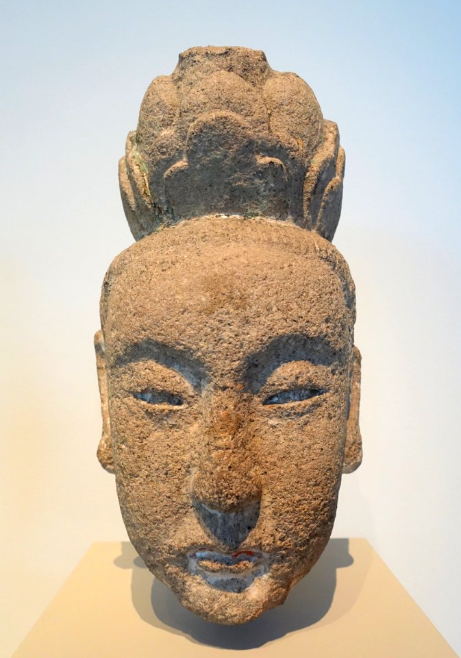 Three Pure Ones, Daoist deities, 3 of 3, China, Shanxi province, cave temples at Haotianguan, Yuan dynasty, c. 1295 AD, sandstone with traces of pigments - Östasiatiska museet, Stockholm - DSC09293