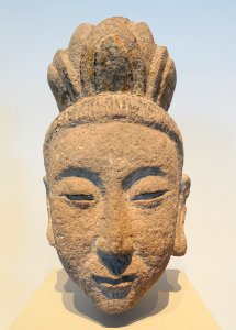 Three Pure Ones, Daoist deities, 2 of 3, China, Shanxi province, cave temples at Haotianguan, Yuan dynasty, c. 1295 AD, sandstone with traces of pigments - Östasiatiska museet, Stockholm - DSC09292