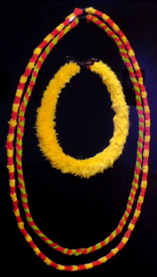 Three lei of red, yellow and green feathers, 19th century, Hawaii State Art Museum