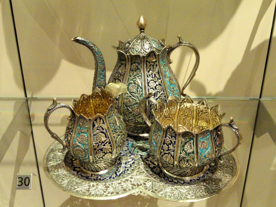 Three-piece tea set with tray, Srinagar, Kashmir, c. 1890-1900 - Royal Ontario Museum - DSC09649
