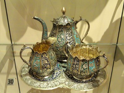 Three-piece tea set with tray, Srinagar, Kashmir, c. 1890-1900 - Royal Ontario Museum - DSC09649