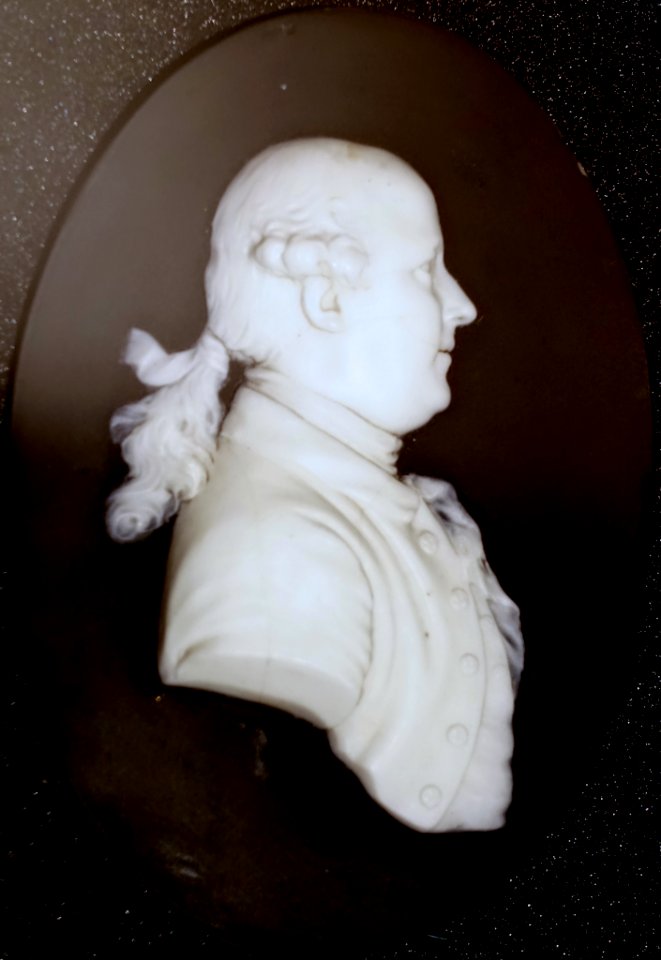 Thomas Bentley by Joachim Smith, modeled in 1773, made c. 1780, white jasper with black dip, white relief - Wedgwood Museum - Barlaston, Stoke-on-Trent, England - DSC09564