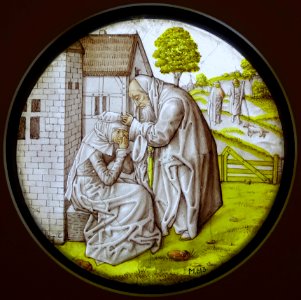Three Roundels from the Life of Tobias, 1. Tobit comforts Hanna, Southern Netherlands, c. 1500, stained glass - Museum Schnütgen - Cologne, Germany - DSC09853