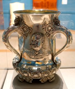 Three-handled trophy cup with images of Payson Tucker and Portland's Union Station, Tiffany and Company, c. 1896, silver, gilt interior, view 1 - Portland Museum of Art - Portland, Maine - DSC04081