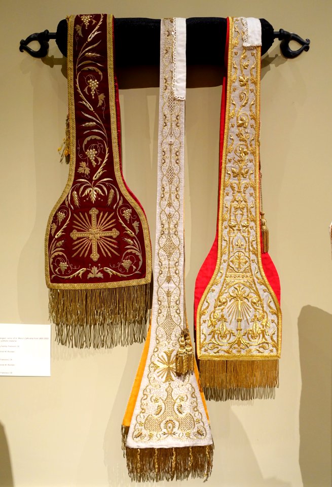 Three Preaching Stoles, left worn by Msgr John J. Prendergast, 19th or 20th century, center and right presented to Archbishop Patrick W. Riordan, 1908 - Saint Ignatius Church, San Francisco, CA - DSC02608