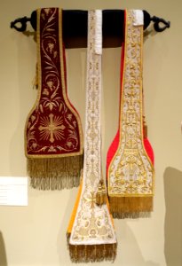 Three Preaching Stoles, left worn by Msgr John J. Prendergast, 19th or 20th century, center and right presented to Archbishop Patrick W. Riordan, 1908 - Saint Ignatius Church, San Francisco, CA - DSC02608