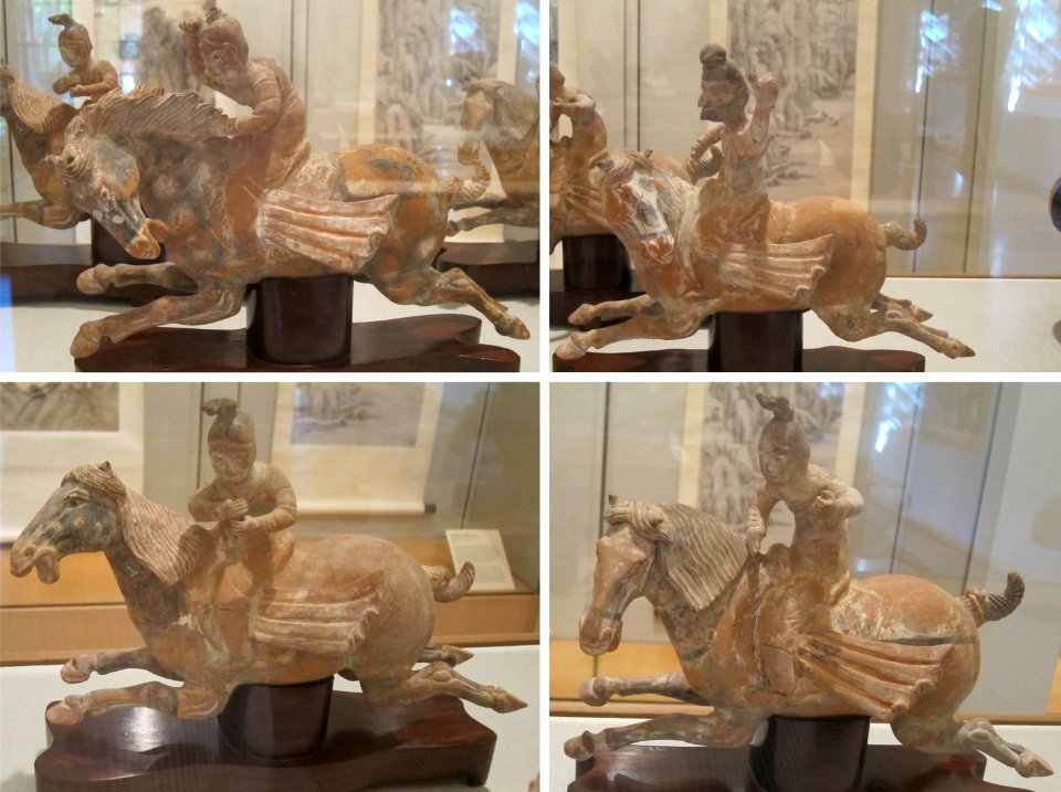 Three lady polo players and foreign groom on horseback, China, Tang dynasty, earthenware, Honolulu Academy of Arts