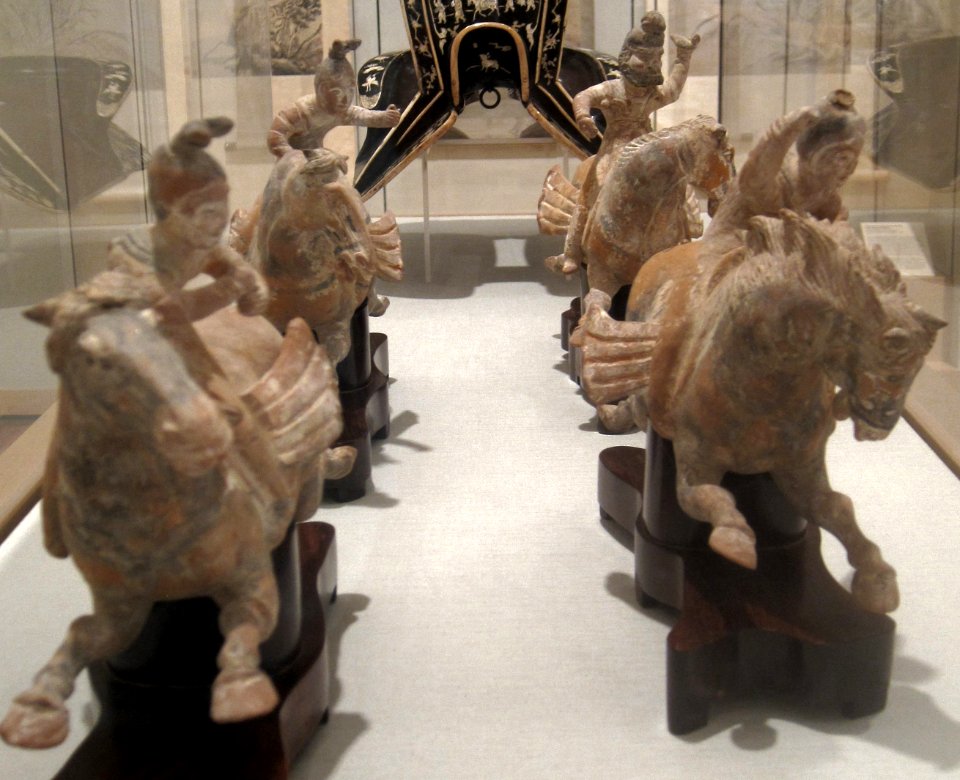 Three lady polo players and foreign groom on horseback, China, Tang dynasty, earthenware, HAA