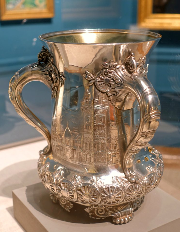 Three-handled trophy cup with images of Payson Tucker and Portland's Union Station, Tiffany and Company, c. 1896, silver, gilt interior, view 2 - Portland Museum of Art - Portland, Maine - DSC04077