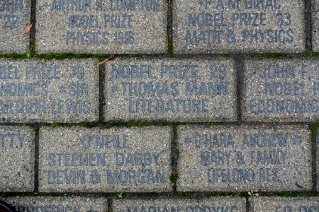 Thomas Mann, Arthur Compton, and P.A.M. Dirac memorial bricks - Palmer Square - Princeton, NJ - DSC00978