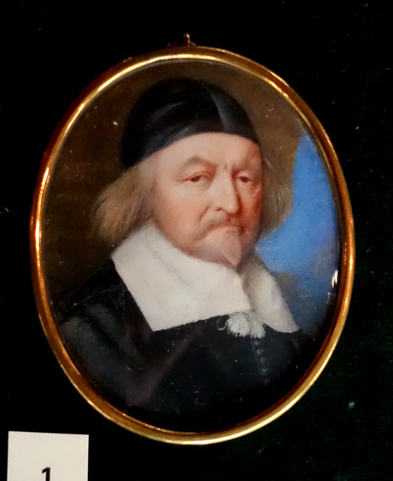 Thomas Hobbes by John Hoskins, portrait miniature, 1616 - Oak Room, Chatsworth House - Derbyshire, England - DSC03054