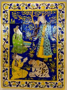 Tile panel with youth and sages in the countryside, Iran, 17th-18th century AD, glazer ceramic - Cinquantenaire Museum - Brussels, Belgium - DSC09112