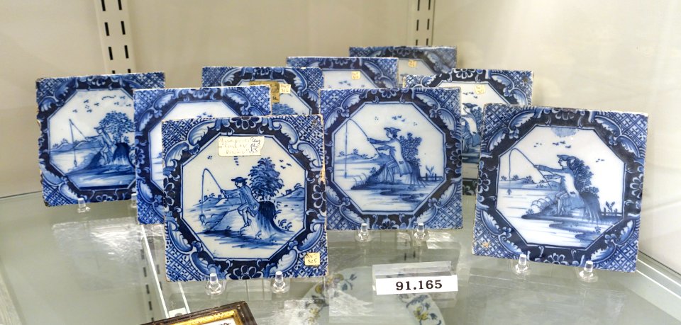 Tiles of fisherman on stump, Liverpool, England, 1750-1780, tin-glazed earthenware, HD 91.165 - Flynt Center of Early New England Life - Deerfield, Massachusetts - DSC04351