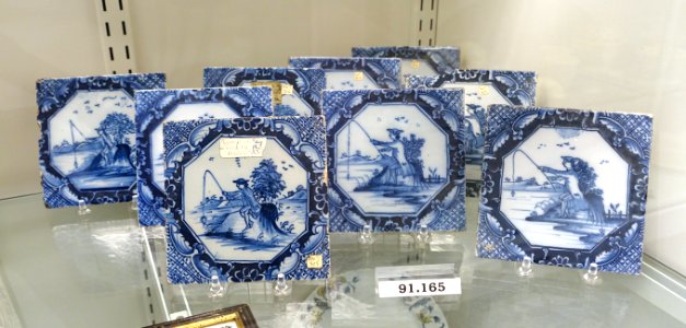 Tiles of fisherman on stump, Liverpool, England, 1750-1780, tin-glazed earthenware, HD 91.165 - Flynt Center of Early New England Life - Deerfield, Massachusetts - DSC04351