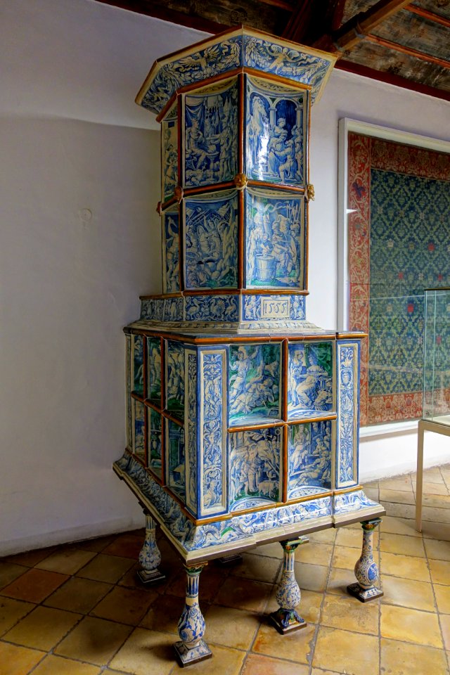 Tiled stove with mythological scenes, from the Hohenaschau Castle in Chiemgau, made in Bolzano, South Tyrol, 1555, ceramic, polychrome glaze - Germanisches Nationalmuseum - Nuremberg, Germany - DSC03730