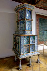 Tiled stove with mythological scenes, from the Hohenaschau Castle in Chiemgau, made in Bolzano, South Tyrol, 1555, ceramic, polychrome glaze - Germanisches Nationalmuseum - Nuremberg, Germany - DSC03730