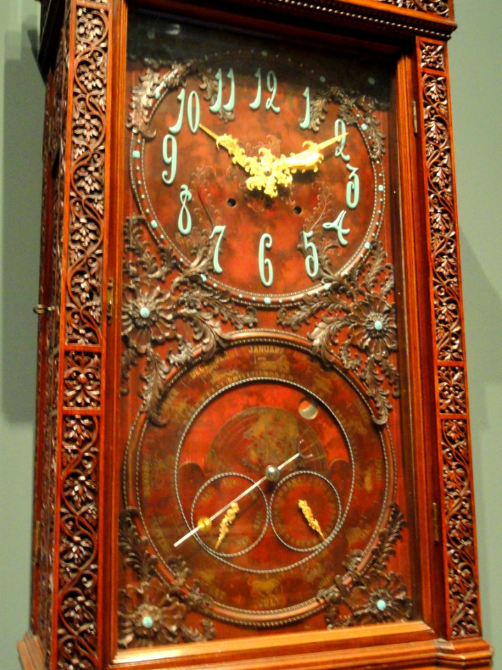 Tiffany Tall Clock, about 1880, Tiffany and Company, New York, mahogany and teak - Cleveland Museum of Art - DSC08958